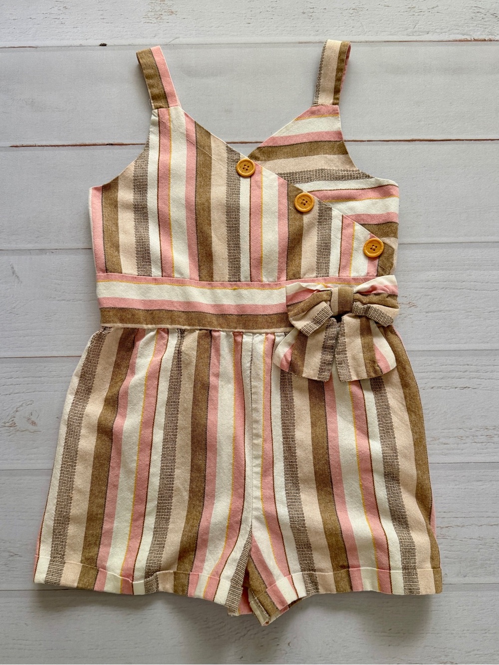 Bonnie Jean Girls Size 14 Striped Linen Blend Romper Bow Detail Pink Tan Cream